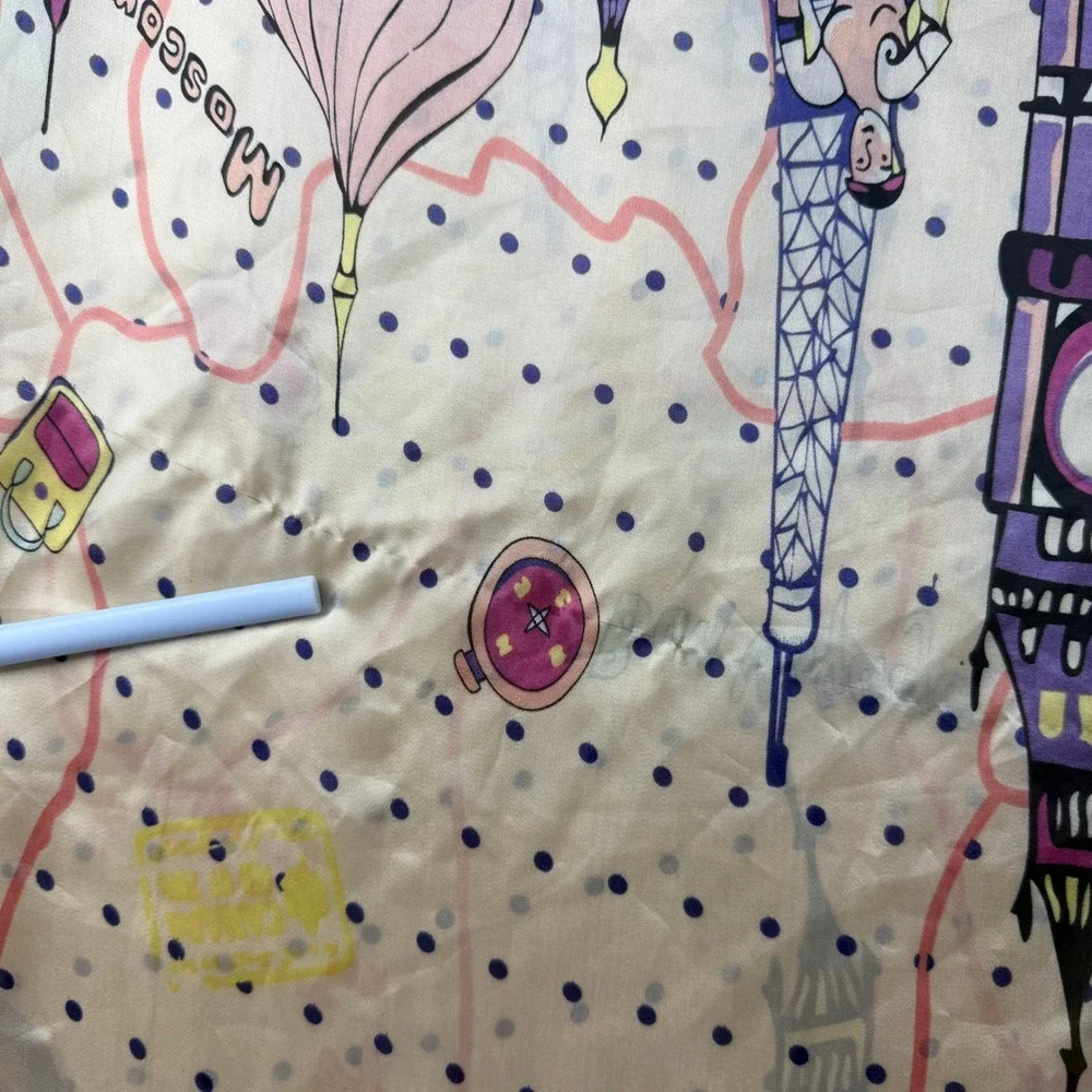Hermes Paris Silk Scarf Bon Voyage Travel Landmark Print Pink Polka Dot France